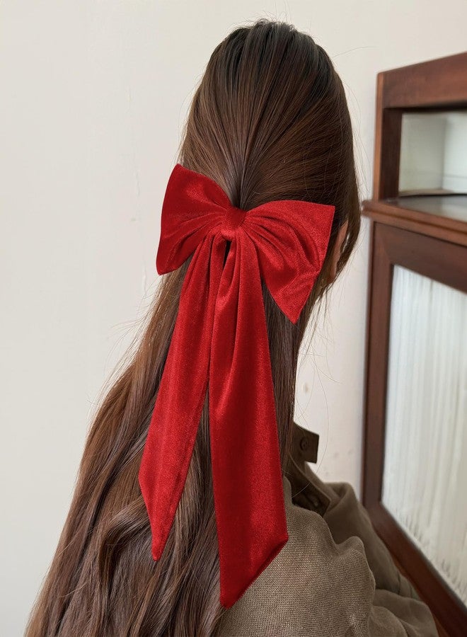 melyde 6.5 Inch Velvet Hair Bow Clip Classic Bowknot Ponytail Holder Long Velvet Ribbon Barrette Hair Accessories for Women Girls, Red - Image 4